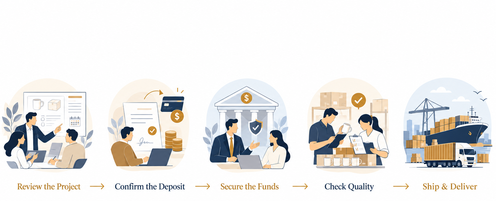 Illustrated payment journey: Review the Project, Confirm the Deposit, Secure the Funds, Check Quality, Ship and Deliver